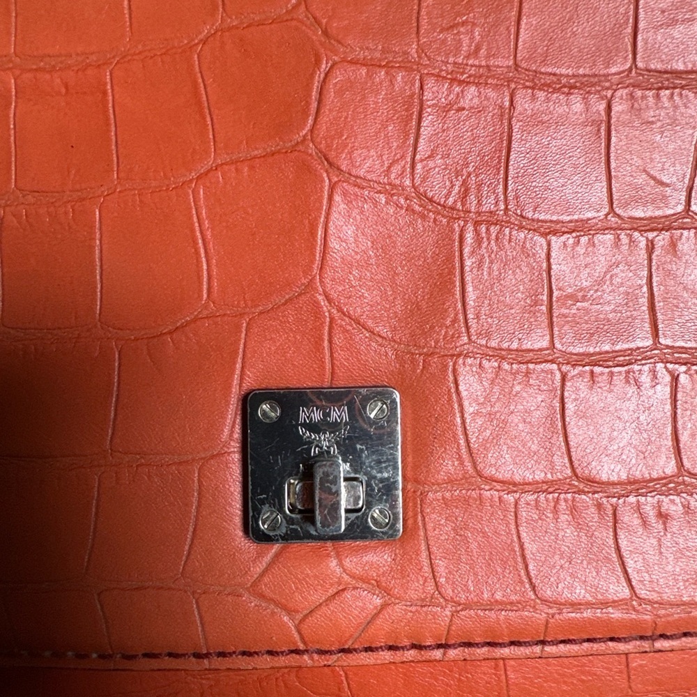 MCM Mode Travia Croc Embossed Leather Satchel Coral Orange Crossbody - Picture 7 of 17